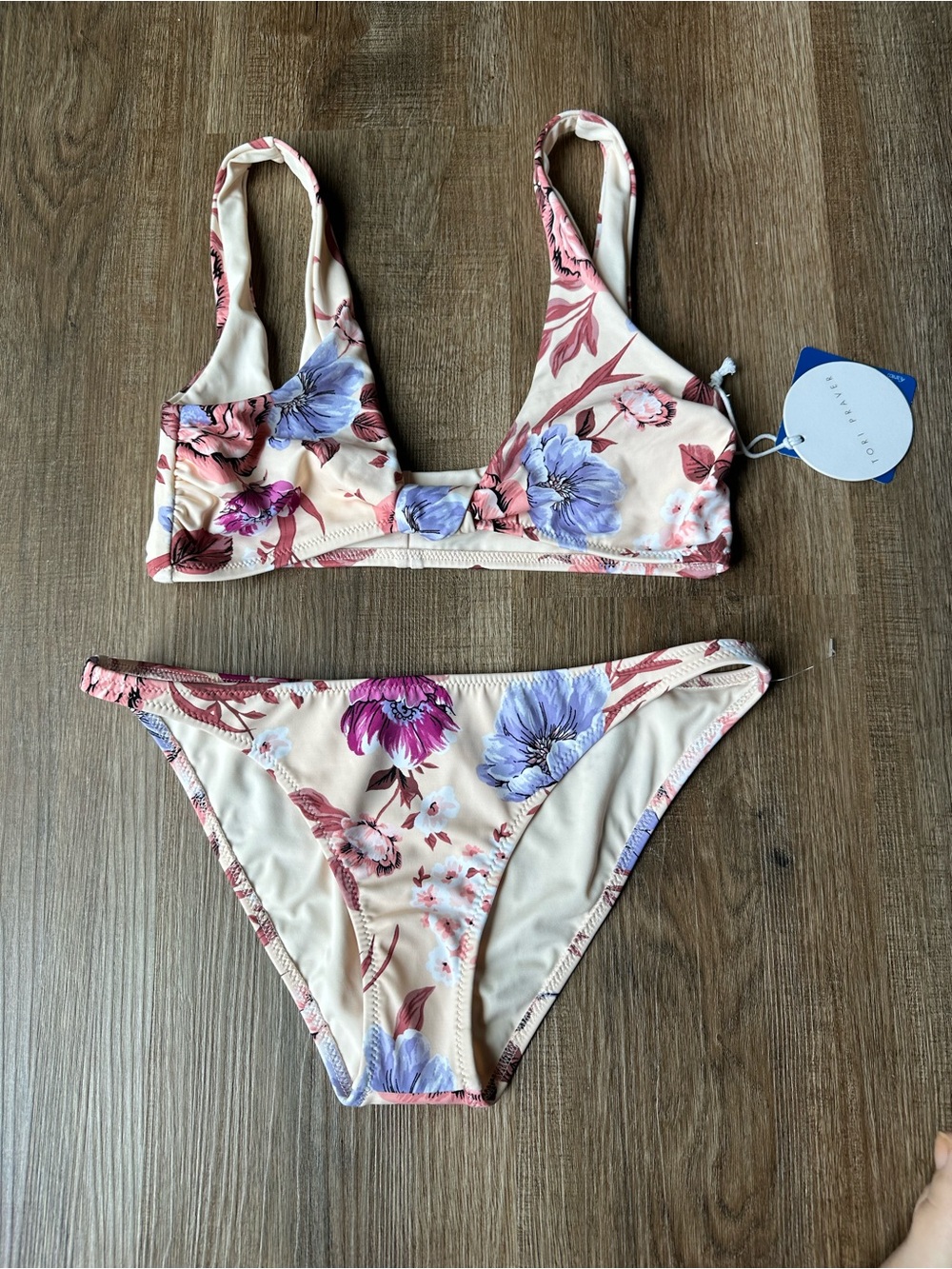 Tori Praver Floral Cream Bikini Set with Purple & Pink Blooms